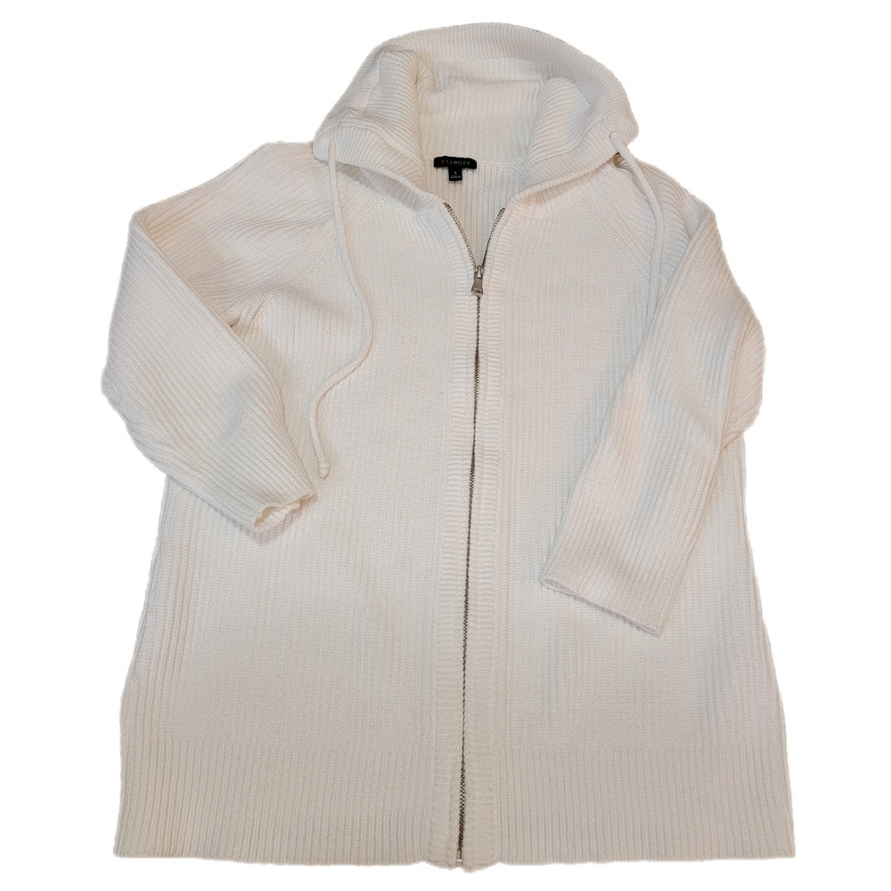 Talbots White Cotton Full Zip Sweater with Tie Around Oversized Collar sz Small